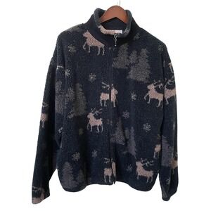 Vintage MIC‎ Fleece Cardigan Womens Black Faux Fur Zip Holiday Reindeer Xmas